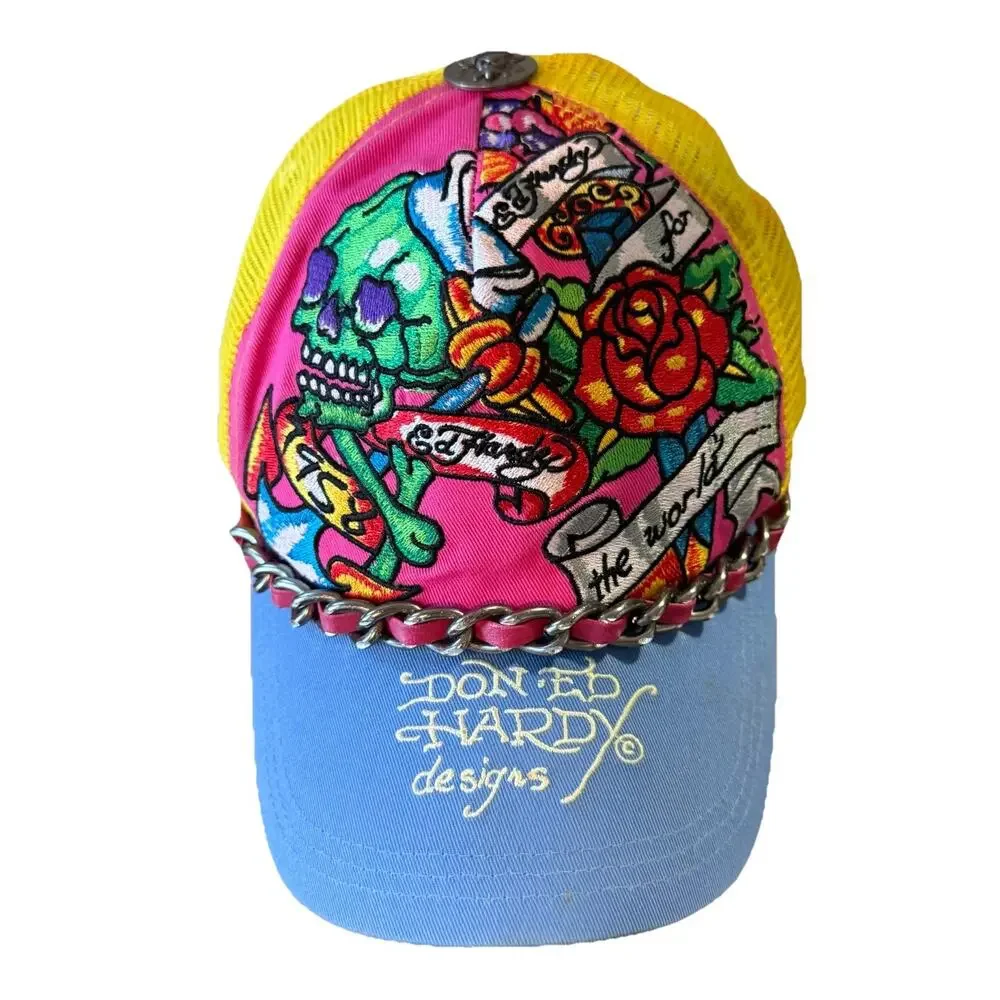 Ed Hardy for the World Hat Snap Back Blue Yellow Trucker Christian Audigier VTG